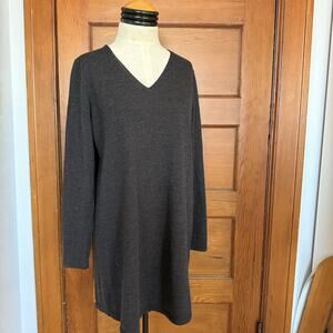 Eileen Fisher Sweater Dress 100% Merino Wool Large Long Sleeve V-Neck Gray
